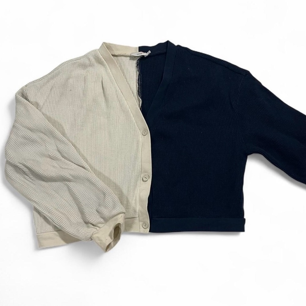 Onia Cream and Navy Waffle Knit Cardigan
